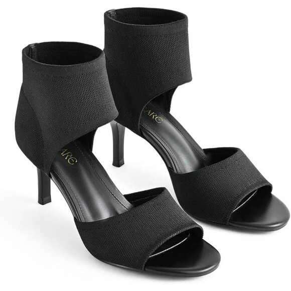 Sicare Peep Toe Heels Black Faux Leather Women Wide Stretchy Knit Heel Sandal - Picture 7 of 12